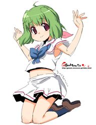  commentary_request female green_hair jaggy_lines jumping macross macross_frontier oekaki onija_tarou ranka_lee red_eyes saint_mary&#039;s_academy_school_uniform school_uniform skirt solo watermark web_address 