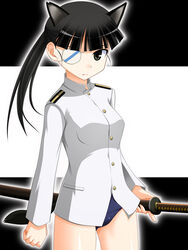  animal_ears black_hair blue_eyes blunt_bangs dog_ears dog_girl dog_tail extra_ears eyepatch female holding holding_sword holding_weapon hyokkori_tamago leotard long_sleeves looking_at_viewer military ponytail print_eyepatch sakamoto_mio solo strike_witches sword tail weapon world_witches_series 