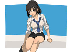  clothes_pull female glasses holon necktie pantyhose pantyhose_pull pencil_skirt real_drive roony shirt skirt sleeves_rolled_up solo 