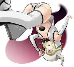  arrancar ass bleach blonde_hair bob_cut center_opening commentary_request detached_sleeves female flat_chest helmet hole_on_body horns kazuki_sanbi lilynette_gingerbuck no_bra open_mouth panties pink_eyes short_hair skull solo thighhighs underwear upside-down vest white_thighhighs 