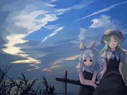  2girls beret brown_dress brown_eyes cloud cloudy_sky contrail cowboy_shot day dress grey_hair hair_ribbon hat long_hair looking_at_viewer morning multiple_girls outdoors puffy_short_sleeves puffy_sleeves ribbon short_sleeves sky standing sunrise takanashi_akihito touhou very_long_hair watatsuki_no_toyohime watatsuki_no_yorihime 