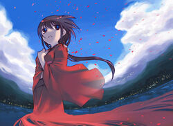  bad_id bad_pixiv_id cherry_blossoms city cloud day female fisheye japanese_clothes kimono kurame kusari_hime:_euthanasia lightning long_hair looking_up nakamura_tetsuya petals photoshop_(medium) ponytail red_kimono reflection sky skyline solo wading water 