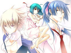  2boys blonde_hair blue_hair brera_sterne dress expressionless female green_hair jewelry legs long_hair lying macross macross_frontier multiple_boys necktie pendant pinafore_dress pointy_ears ponytail purple_eyes ranka_lee saotome_alto school_uniform shirt short_sleeves sleeveless sleeveless_dress vanilla_(nicolla) very_long_hair 