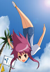  brown_eyes female imaizumi_teruhiko kaleido_star naegino_sora overall_skirt overalls photoshop_(medium) short_hair solo somersault upside-down 