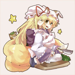  2girls animal_hat apron bad_link blonde_hair chen closed_eyes fox_tail hat hug hug_from_behind kiji_(manekinuko-tei) knife light_smile long_hair long_sleeves mob_cap multiple_girls multiple_tails ribbon short_hair sweatdrop tail tassel touhou wide_sleeves yakumo_ran yakumo_yukari yellow_eyes yuri 