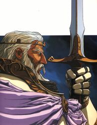  1boy armor beard cape crown facial_hair fahn hat highres izubuchi_yutaka male_focus moustache record_of_lodoss_war solo sword weapon white_hair 