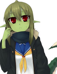  bad_id bad_pixiv_id colored_skin dragon_girl dragon_tail female green_hair green_skin lesskiss long_hair monster_girl original pointy_ears red_eyes ryuujin_no_senpai scales school_uniform serafuku solo tail 