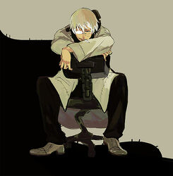  1boy blonde_hair chair cigarette commentary_request franken_stein_(soul_eater) grey_background harapeko_(harapeko14) long_sleeves male_focus multicolored_hair object_through_head screw_in_head simple_background sitting sitting_backwards smoking solo soul_eater streaked_hair white_hair 