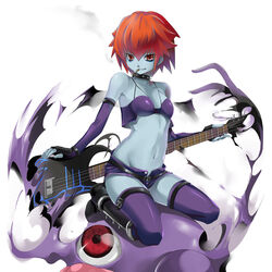  blue_skin cigarette colored_skin commentary_request elbow_gloves female genderswap_(mtf) gloves guitar instrument kazuki_sanbi le_malta midnight_bliss midriff navel red_eyes red_hair rule_63 short_hair smoking solo thighhighs vampire_(game) zabel_zarock 