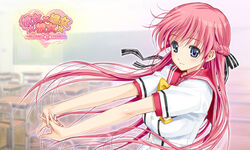  blue_eyes female hair_ribbon half_updo happoubi_jin kanojo_x_kanojo_x_kanojo light_blush long_hair orifushi_akina photoshop_(medium) pink_hair ribbon school_uniform serafuku smile solo v_arms 