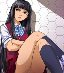  angry ball blunt_bangs bow crossed_arms crossed_legs female girl_girl_ball_shoot_girl haruyama_kazunori kneehighs lipstick long_hair makeup panties pantyshot purple_eyes school_uniform serafuku sitting skirt soccer_ball socks solo striped tango_(soccer_ball) umezawa_naoki underwear upskirt very_long_hair vest white_panties 