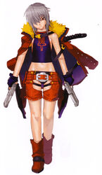  absurdres bakuretsu_tenshi boots crop_top desert_eagle dual_wielding female fringe_trim gloves grey_hair gun hakua_ugetsu handgun highres holding jo_(bakuretsu_tenshi) midriff navel photoshop_(medium) red_eyes short_hair solo weapon 