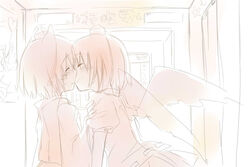  2girls blush closed_eyes inubashiri_momiji kissing monochrome multiple_girls nano_(sekyu) photo_booth pink_theme shameimaru_aya short_hair sketch smile touhou wings yuri 