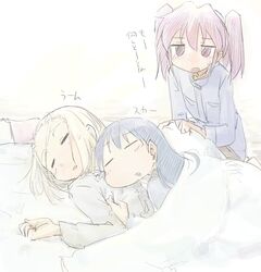  3girls :o ^^^ asou_natsumi bed bed_sheet blanket blush brown_eyes commentary_request kajiwara_sora multiple_girls on_bed parted_lips pink_hair simple_background sketch sketchbook_full_colors sleeping text_focus torikai_hazuki translation_request twintails usada_o white_background yuri 