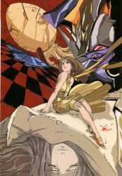  arms_at_sides bare_shoulders breasts brown_eyes brown_hair checkered_floor closed_eyes closed_mouth dress dutch_angle female floating_hair full_body highres izubuchi_yutaka long_hair looking_to_the_side lying mecha medium_breasts mishima_reika multiple_views on_back rahxephon rahxephon_(mecha) red_background robot rock sandals scan scarf signature simple_background sitting sleeping sleeveless sleeveless_dress smile under_covers yellow_dress yellow_scarf 