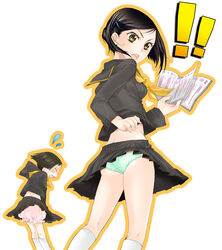  ! !! 2girls bad_id bad_pixiv_id black_hair bloomers brown_eyes green_panties kneehighs matsunaga_ayane multiple_girls ozawa_yumi panties persona persona_4 school_uniform serafuku short_hair skirt socks toriniku_(suikyou) underwear wind wind_lift yasogami_school_uniform 