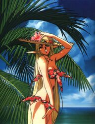  1990s_(style) bikini blonde_hair cloud day deedlit elf female floral_print green_eyes grin hat highres izubuchi_yutaka long_hair ocean official_art outdoors palm_tree pointy_ears record_of_lodoss_war retro_artstyle side-tie_bikini_bottom sky smile solo straw_hat summer swimsuit tree very_long_hair 