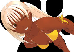  bent_over bikini dark-skinned_female dark_skin female kiriman_(souldeep) long_hair one_eye_closed original red_eyes side-tie_bikini_bottom smile solo swimsuit twintails white_hair yellow_bikini 