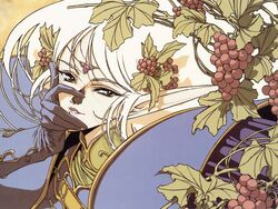  1990s_(style) blonde_hair deedlit elf female flower food fruit gloves grapes grey_eyes izubuchi_yutaka official_art pointy_ears record_of_lodoss_war retro_artstyle solo 