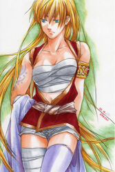  blonde_hair blue_eyes bracelet crane_yuzuriha female jewelry long_hair photoshop_(medium) saint_seiya saint_seiya:_the_lost_canvas sarashi solo teshirogi_shiori thighhighs 