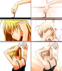  adjusting_hair ahoge artoria_pendragon_(fate) bare_shoulders blonde_hair comparison fate/stay_night fate_(series) female hair_tie hands nazo_kichi painttool_sai_(medium) ponytail saber_(fate) sleeveless 