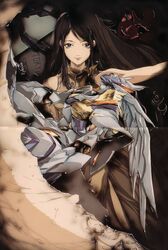  arm_up armor bare_shoulders bow bowtie brown_bow brown_bowtie brown_dress brown_hair closed_mouth dated dress female head_wings highres izubuchi_yutaka long_hair looking_at_viewer mask mecha mechanical_wings mishima_reika outstretched_arm rahxephon rahxephon_(mecha) red_eyes robot scan sleeveless sleeveless_dress smile standing swept_bangs upper_body wings 