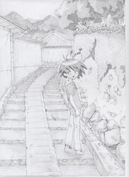  commentary_request female graphite_(medium) greyscale kurihara_nagisa looking_back monochrome nasubino sketch sketchbook_full_colors solo stairs traditional_media 