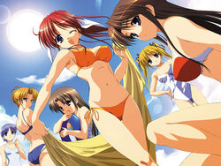  6+girls amagasaki_mikoto bikini blonde_hair blue_eyes blue_hair brown_hair cloud day dutch_angle fujieda_honami fumio_(ura_fmo) highres imageboard_desourced innertube long_hair multiple_girls nishina_kyouko non-web_source nonohara_yui one-piece_swimsuit one_eye_closed ponytail purple_eyes red_hair shibugaki_matsuri short_hair side-tie_bikini_bottom sky swim_ring swimsuit tachibana_chihiro towel tsuki_wa_higashi_ni_hi_wa_nishi_ni twintails 