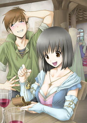  1boy alcohol aritani_mahoro arm_behind_head bar_(place) black_hair blush breasts bridal_gauntlets brown_eyes brown_hair cleavage couple cup drinking_glass elbow_gloves fantasy female gift gloves grin jewelry medium_breasts original pendant pointy_ears short_hair smile straight treasure_chest wine wine_glass 