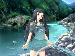  black_hair female game_cg grey_eyes hairband imageboard_desourced long_hair mesu_nie_onna_kyoushi nature non-web_source optical_camouflage otowa_yui rock saburoo school_uniform serafuku skirt solo transparent tree 