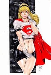  1girls 2015 abstract_background argoan belly_button big_breasts black_headband black_skirt blonde_hair blue_eyes breasts busty cape crossed_legs crossed_legs_(standing) curvaceous curvy dated dc dc_comics deviantart ed_benes_studio eyeshadow female female_only gloves headband kara_zor-el kryptonian lanio_sena legs_crossed lifting_skirt long_hair makeup mascara midriff navel panties panty_shot pink_lips pink_lipstick pinup red_cape shirt signature skirt skirt_lift skirt_up solo stomach supergirl superheroine superman_(series) thick_thighs thighs voluptuous watermark white_gloves white_panties white_shirt 