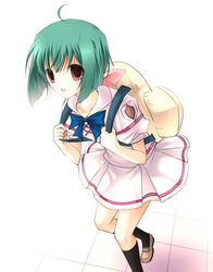  ahoge black_socks blue_bow blue_bowtie bow bowtie dress emblem female green_hair kneehighs looking_at_viewer macross macross_frontier pleated_skirt ranka_lee red_eyes school_uniform short_hair short_sleeves simple_background skirt smile socks solo vanilla_(nicolla) white_background white_dress 