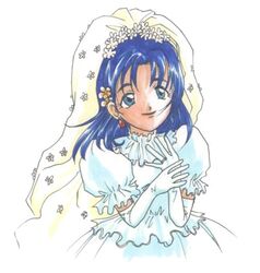  azumikishi blue_eyes blue_hair bridal_veil bride commentary_request dragon_quest dragon_quest_vi dress earrings elbow_gloves female gloves jewelry ring solo tania_(dq6) veil wedding_dress 