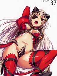  aldra_(queen&#039;s_blade) belt_bra breasts eyepatch female grey_hair highres kantaka long_hair medium_breasts midriff navel queen&#039;s_blade queen_aldra revealing_clothes solo thighhighs underboob yellow_eyes 