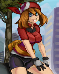  bandana bike_shorts blue_eyes elazuls-core female gloves hat may_(pokemon) outdoors photoshop_(medium) pokemon pokemon_(anime) pokemon_rse_(anime) solo thighs 