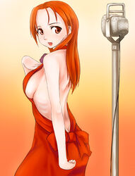  back bad_id bad_pixiv_id breasts butt_crack dress female halterneck large_breasts long_hair microphone microphone_stand minna-dietlinde_wilcke orange_hair red_eyes ribs scharfschutze sideboob solo strike_witches world_witches_series 