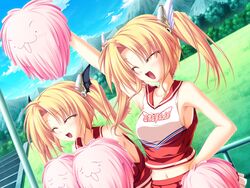  2girls arm_up blonde_hair breasts cheerleader closed_eyes game_cg hair_ornament hairclip hand_on_own_hip imageboard_desourced magus_tale midriff multiple_girls nina_geminis non-web_source pom_pom_(cheerleading) rena_geminis siblings sideboob sisters small_breasts tenmaso twins twintails 