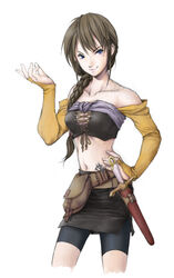  aritani_mahoro braid brown_hair copyright_request female midriff solo sword weapon 