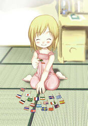  ^_^ aged_down barefoot blonde_hair blush braid closed_eyes female flag higurashi_no_naku_koro_ni lolicon lowres on_floor sitting smile solo tanashi_miyoko tatami umiichi_kurage 