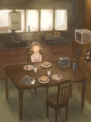  bread bread_slice breakfast brown_hair chair closed_eyes commentary_request cooking_pot cup doujima_nanako egg female food happy indoors kitchen lolicon microwave morning on_chair persona persona_4 short_hair sink sitting smile solo stuffed_animal stuffed_toy table teddy_bear toast toaster tonko twintails water_heater 