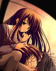  2girls glasses kurihara_touko lap_pillow long_hair multiple_girls sakaki_shinobu school_uniform serafuku sleeping tenmu_shinryuusai tenshi_no_inai_12-gatsu yuri 