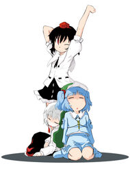  3girls arms_up black_hair blue_hair boots closed_eyes hair_bobbles hair_ornament hat inubashiri_momiji kawashiro_nitori masu_gitsune multiple_girls one_eye_closed photoshop_(medium) red_eyes shameimaru_aya sleeping stretching touhou twintails two_side_up white_hair 