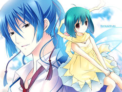  1boy ahoge bare_shoulders blue_hair bracelet collared_shirt dress female green_hair jewelry looking_at_viewer macross macross_frontier ranka_lee red_eyes saotome_alto school_uniform shirt short_hair sleeveless sleeveless_dress smile sundress vanilla_(nicolla) white_shirt yellow_dress 