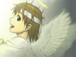  angel angel_wings brown_eyes brown_hair feathered_wings female haibane_renmei halo looking_back messy_hair photoshop_(medium) rakka_(haibane) short_hair smile solo static_cling wings yasunon 