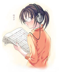  artist_request bass_clef beamed_eighth_notes beamed_sixteenth_notes brown_eyes brown_hair copyright_request eighth_note female glasses headphones looking_back musical_note ponytail quarter_note sheet_music short_hair solo third-party_source translated treble_clef whole_rest 