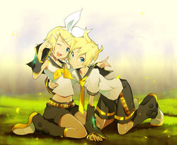  1boy bad_id bad_pixiv_id blonde_hair brother_and_sister crop_top female kagamine_len kagamine_rin kneeling midriff one_eye_closed short_hair shorts siblings sitting smile tsujisaki_(coa3) twins vocaloid 