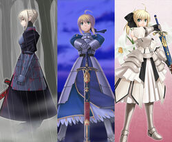  3girls ahoge armor armored_dress artoria_pendragon_(fate) blonde_hair blood caliburn_(fate) dress excalibur_morgan_(fate) fate/stay_night fate/unlimited_codes fate_(series) gauntlets green_eyes hair_ribbon multiple_girls ponytail ribbon saber_(fate) saber_alter saber_lily sheath sheathed sugar_(sugarless) sword unsheathing weapon 