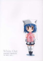  blue_hair blush brown_eyes chibi detached_sleeves female hat kishi_nisen kitazato_shigure scan short_hair skirt snow_(game) solo sweater thighhighs turtleneck white_thighhighs zettai_ryouiki 