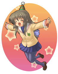  bad_id bad_pixiv_id brown_hair clannad closed_eyes commentary_request female happy_state hat hikarizaka_private_high_school_uniform ibuki_fuuko long_hair pantyhose party_hat rokko school_uniform solo star_(symbol) 