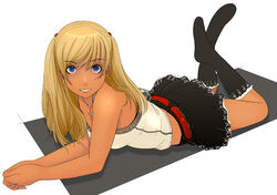  blonde_hair blue_eyes female kiriman_(souldeep) long_hair lying original skirt socks solo tan twintails 